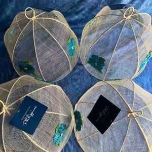 Handcrafted Philippines Mesh Food Covers 4pc Blue Floral Woven Sinamay Albaca